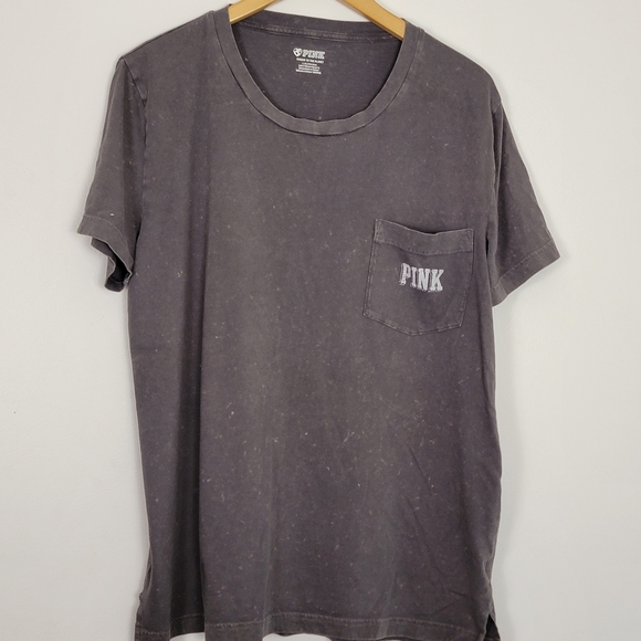 PINK Victoria's Secret Gray Speckled Tee T-Shirt Large Cotton Medallion Pocket - Picture 7 of 9